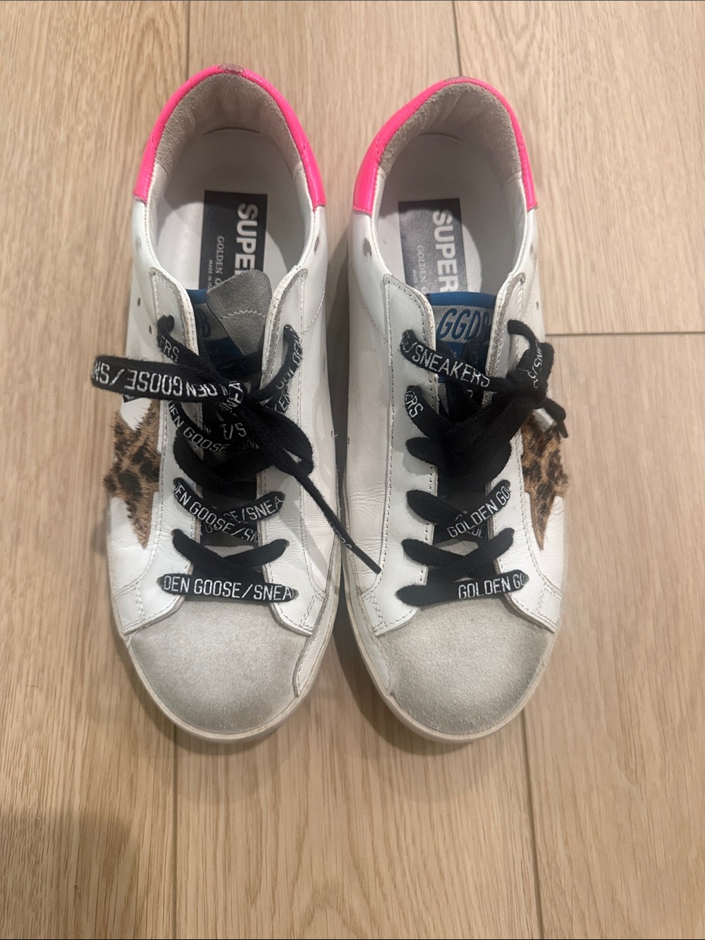 Golden Goose White Leather Sneakers with Pink Heel and Leopard Star